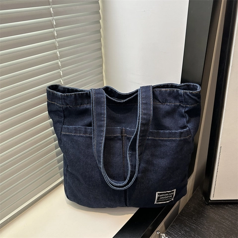 Denim Tote Bag Large Capacity Shoulder Handbag Multi Front Pockets Zipper Casual Retro Style For Women Commuting Shopping