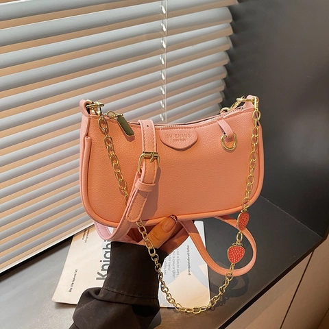 Bolso Retro Bajo El Brazo Mujeres Cuero PU Patrón Lichi Cadena Dorada Dije Fresa Bolso Baguette Hombro Estilo Dulce Casual