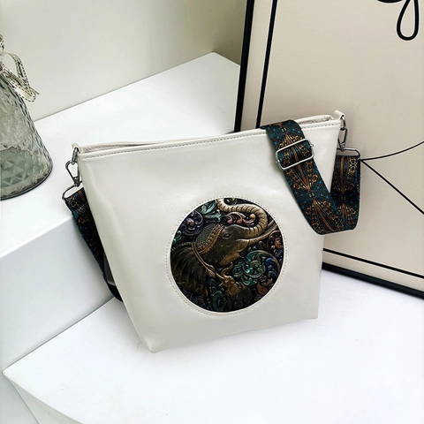 Retro Ethnic Women Shoulder Bag Large Capacity PU Leather Bucket Bag With Elephant Relief And Patterned Wide Strap