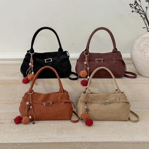 Vintage Suede PU Leather Tote Handbag Retro Shoulder Bag With Metal Buckle Decor For Women Casual Work Commute