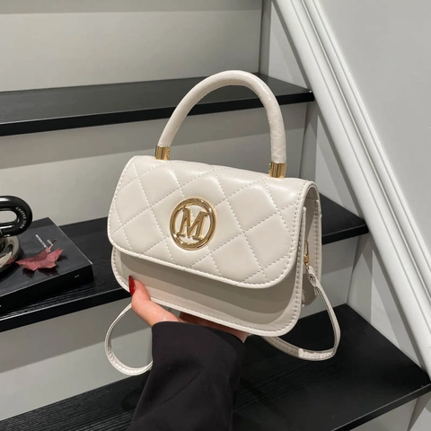 Bolso de Hombro Acolchado para Mujer Bolso de Mano de Cuero PU de Moda Con Logo M Dorado Bolso Cuadrado Pequeño Retro