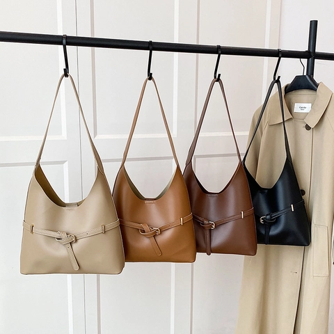 Women Hobo Shoulder Bag Large Capacity PU Leather Buckle Decor Commuter Underarm Handbag Solid Color Elegant