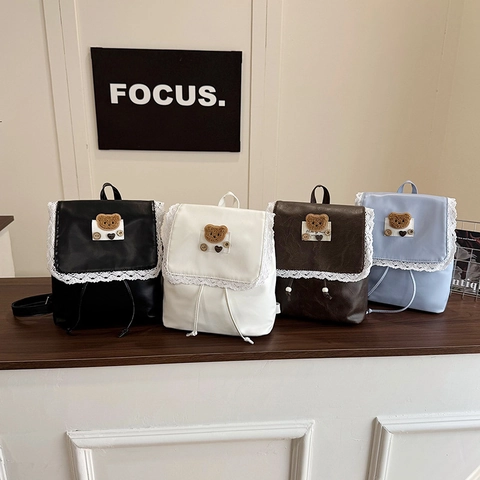 Women Cute Kawaii Backpack PU Leather Lace Trim Plush Bear Patch Drawstring Magnetic Buckle Casual Outing
