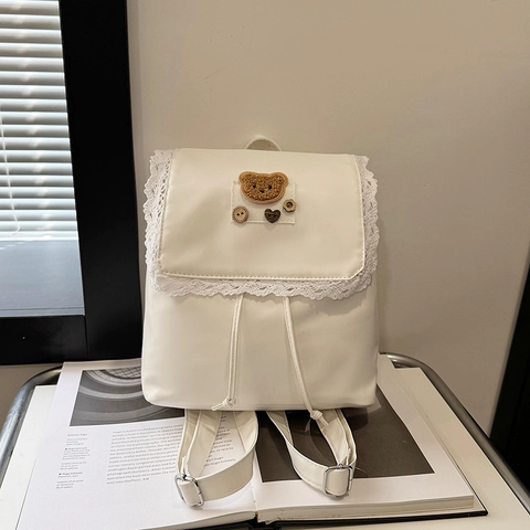 Women Cute Kawaii Backpack PU Leather Lace Trim Plush Bear Patch Drawstring Magnetic Buckle Casual Outing