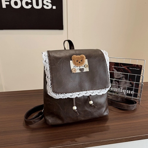 Zaino Vintage con Orso in Pelle PU per Donna Bordo in Pizzo Kawaii Stile Giapponese Piccolo Zainetto Borsa da Scuola Casual Appuntamenti