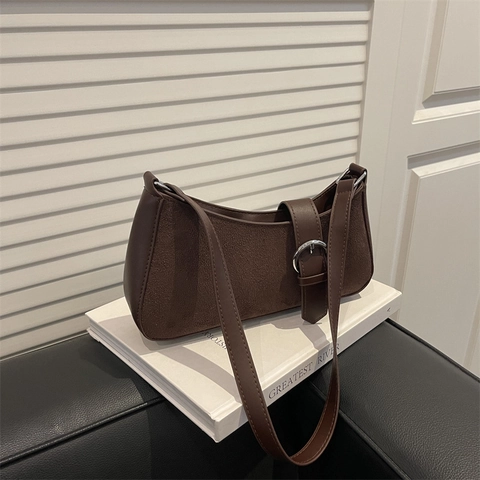 Retro Underarm Shoulder Bag Suede Frosted Leather Silver Metal Round Buckle Half Moon Shape Women Casual Commute Handbag