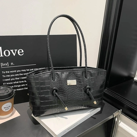 Women Large Capacity Tote Bag Crocodile Pattern PU Leather Quilted Fabric Shoulder Handbag Commute Underarm Bag With Knot Decor