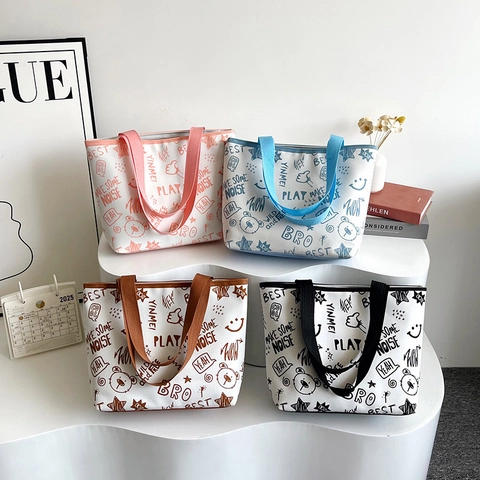 Grande Capacità Borsa Tote Tela PU Stampa Graffiti Orso Cartone Animato Borsa A Spalla Street Style Per Donne