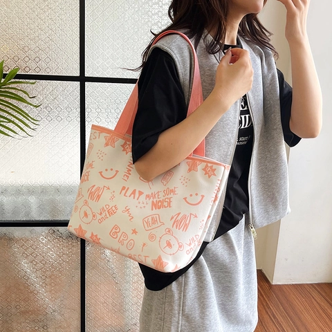 Grande Capacità Borsa Tote Tela PU Stampa Graffiti Orso Cartone Animato Borsa A Spalla Street Style Per Donne