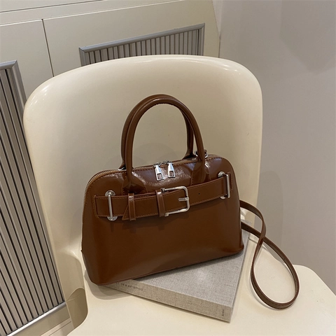 Glossy PU Leather Handbag For Women Large Capacity Shoulder Crossbody Bag Minimalist Boston Style Detachable Strap