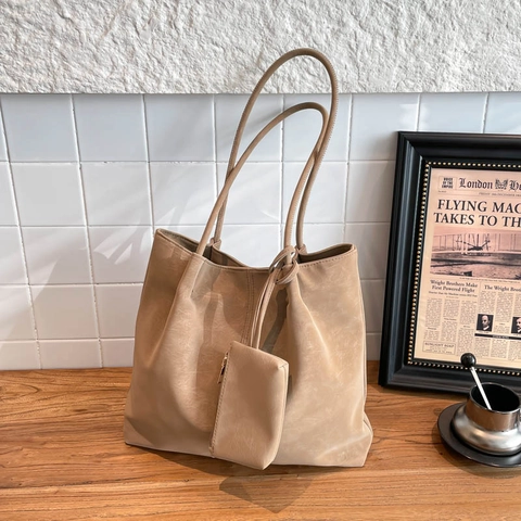 Large Capacity Urban Minimalist PU Leather Tote Bag For Women Solid Color Shoulder Bag With Inner Small Pouch Handbag
