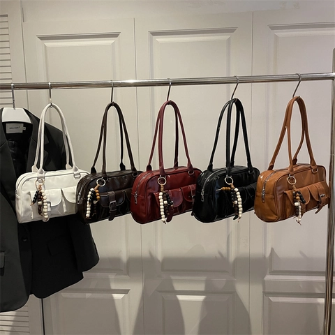 Retro Glossy PU Leather Boston Shoulder Bag Large Capacity Underarm Bag With Front Pockets And Beaded Charm For Women