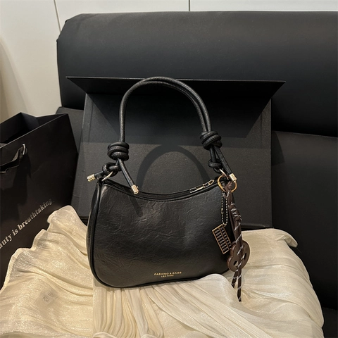 Vintage Textured PU Leather Hobo Bag Women Half Moon Underarm Shoulder Purse With Knotted Strap And Charms