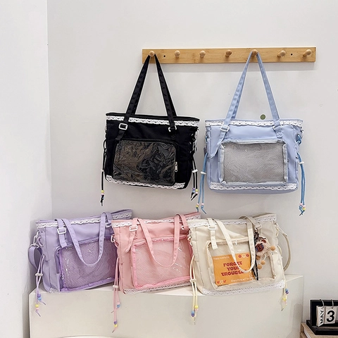 Sweet Lace Ita Bag Nylon Large Capacity Shoulder Tote Bag With Transparent PVC Window And Colorful Beads For Student Girls