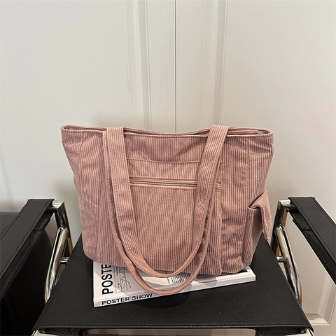 Borsa Tote In Velluto A Coste Grande Capacità Borsa A Spalla Vintage Per Donna Casual Versatile Cerniera