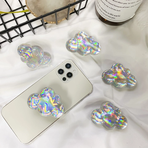 Iridescent Cloud Shape Cell Phone Grip Holder Clear Holographic Rainbow Griptok For Smartphones Minimalist Trendy Tech Accessory