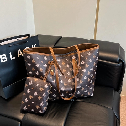 Sac Fourre-Tout En Cuir PU Grande Capacité Et Petite Pochette Sac À Épaule Tendance Motif Imprimé Pour Femmes