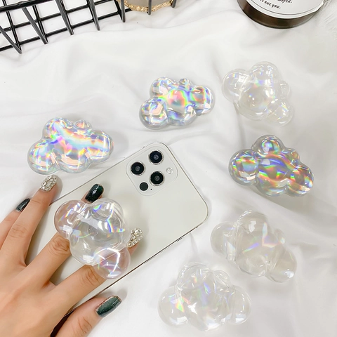 Iridescent Cloud Shape Cell Phone Grip Holder Clear Holographic Rainbow Griptok For Smartphones Minimalist Trendy Tech Accessory