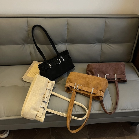 Vintage Suede Shoulder Bag For Women With Metal Belt Buckle Retro Underarm Bag Solid Color Rectangular Fashion Purse