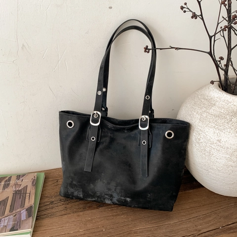 Damen Große Kapazität PU Leder Tote Bag Vintage Minimalistisch Pendler Schultertasche Mit Verstellbarem Riemen Metallösen Handtasche