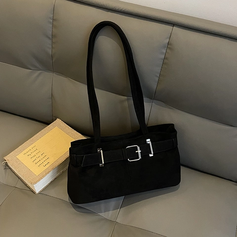 Vintage Suede Shoulder Bag For Women With Metal Belt Buckle Retro Underarm Bag Solid Color Rectangular Fashion Purse