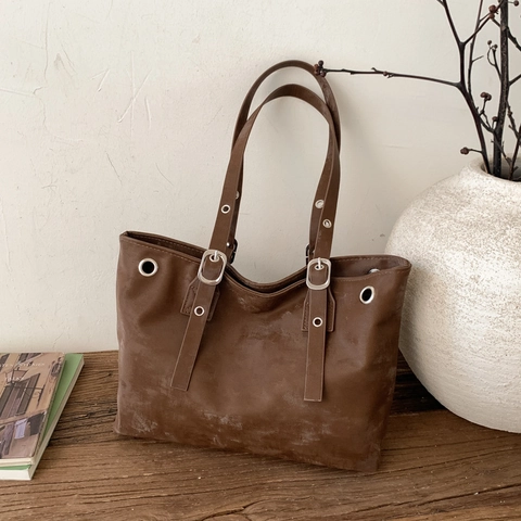 Damen Große Kapazität PU Leder Tote Bag Vintage Minimalistisch Pendler Schultertasche Mit Verstellbarem Riemen Metallösen Handtasche