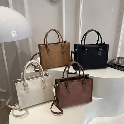 Damen Shopper Tasche Mit Kleeblatt Prägung Wildleder Optik Handtasche Umhängetasche Mit Verstellbarem Riemen Retro