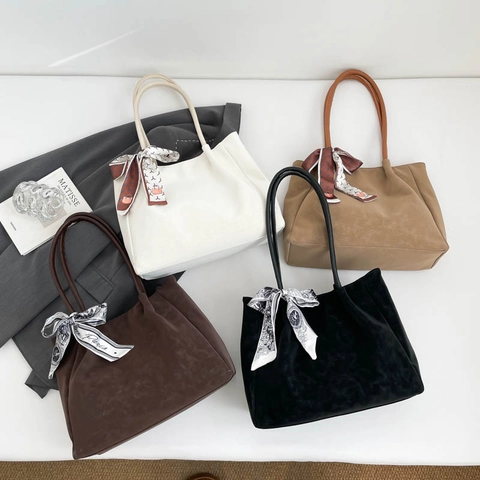Women Large Capacity PU Leather Tote Bag Minimalist Shoulder Bag With Silk Scarf Decor Stylish Solid Color Commute Bag