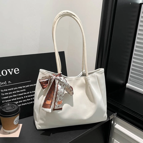 Grande Borsa Tote Da Donna In Pelle PU Opaca Borsa A Spalla Con Sciarpa Di Raso Decorativa Borsa Minimalista Da Pendolare