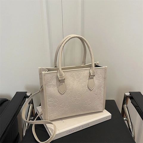 Damen Tote Handtasche Mit Vierblättrigem Kleeblatt Prägung Wildleder Textur Elegante Vintage Schultertasche