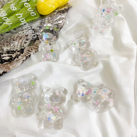 Transparent Cartoon Bear Phone Grip Airbag Stand With Colorful Glitter Hearts Resin Mobile Phone Holder For Desk