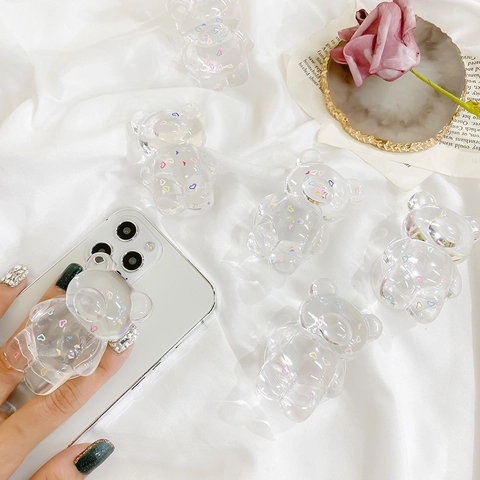 Transparent Cartoon Bear Phone Grip Airbag Stand With Colorful Glitter Hearts Resin Mobile Phone Holder For Desk