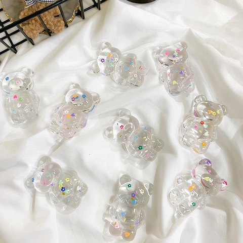 Cartoon Bear Phone Holder Transparent Resin Colorful Flower Heart Sequins Expandable Griptok Desktop Stand Cute Accessory