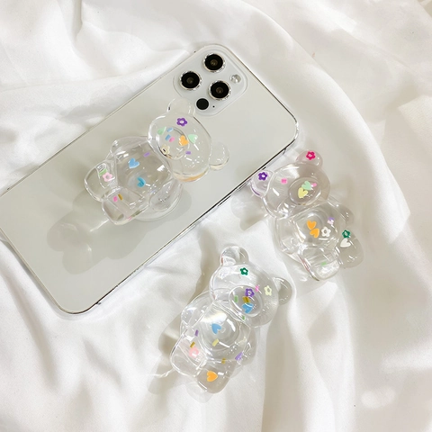 Cartoon Bear Phone Holder Transparent Resin Colorful Flower Heart Sequins Expandable Griptok Desktop Stand Cute Accessory