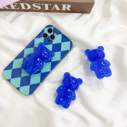 Cute 3D Bear Phone Holder Expandable Air Cushion Stand Translucent Resin Folding Finger Grip Adhesive Socket Universal