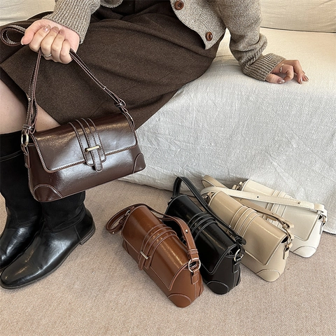 Borsa Baguette Sottobraccio Retrò In Pelle PU Da Donna Con Cuciture A Contrasto Patta Spalla Singola Borsa A Tracolla