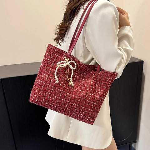 Women Shoulder Tote Bag Tweed Fabric Elegant Large Capacity Artificial Pearl Bow Pendant Decoration Fashion Vintage Style