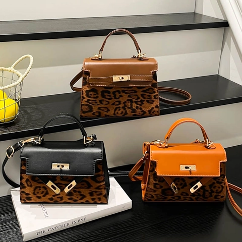 Leopard Print Patchwork Shoulder Bag PU Leather Vintage Square Crossbody Handbag Metal Lock Women Fashion Versatile