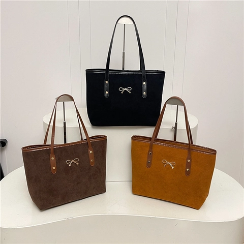 Women Minimalist Suede Frosted Tote Bag Large Capacity Commuting Shoulder Bag With Gold Bow Metal Decor Underarm Handbag