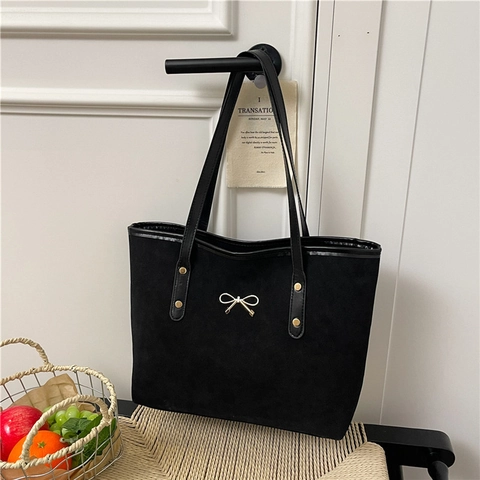 Grande Borsa Tote Donna Texture Scamosciata Decorazione Fiocco Metallo Dorato Borsa Tracolla Elegante Retro