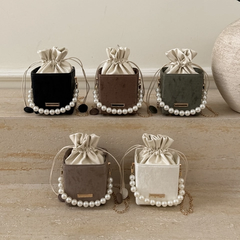 Artificial Pearl Handle Drawstring Bucket Bag Square PU Leather Vertical Texture Gold Chain Strap Retro Crossbody Handbag