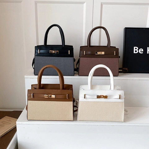Patchwork PU Leder Und Stoff Damen Handtasche Elegante Drehverschluss Schulter Umhängetasche Für Den Täglichen Weg