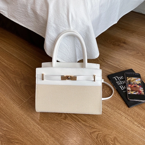 Patchwork PU Leder Und Stoff Damen Handtasche Elegante Drehverschluss Schulter Umhängetasche Für Den Täglichen Weg