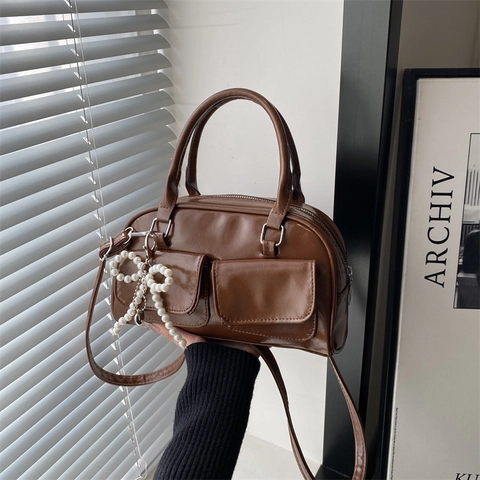 Retro PU Leather Boston Bag For Women Shoulder Handbag With Artificial Pearl Bow Charm Double Pockets Minimalist Trendy Chic