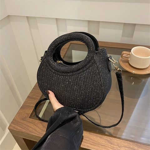 Crescent Half Moon Bag Glitter Pleated Glittery Round Handle Crossbody Evening Party Fashion For Women