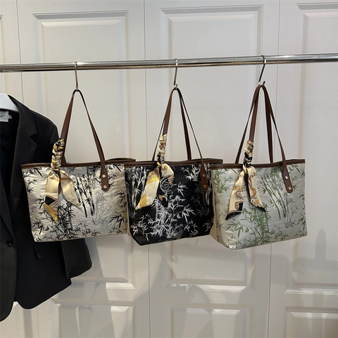 Bambus Print Tote Bag Große Kapazität Damen Stoff PU Leder Handtasche Pendler Lässige Umhängetasche Mit Dekorativem Schal