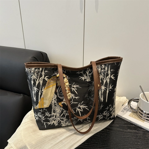 Bambus Print Tote Bag Große Kapazität Damen Stoff PU Leder Handtasche Pendler Lässige Umhängetasche Mit Dekorativem Schal