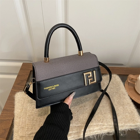 Damen Vintage Patchwork Handtasche PU Leder Und Webstoff Schulter Umhängetasche Mit Goldener Schnalle Tragegriff