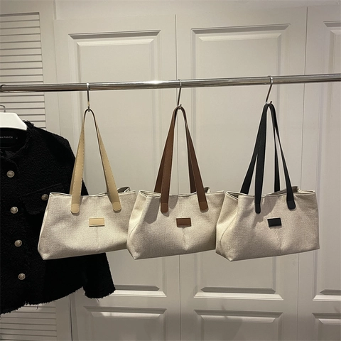 Bolso Tote de Lona Minimalista para Mujer Gran Capacidad Color de Contraste Bolso de Hombro con Ribete de Cuero Sintético
