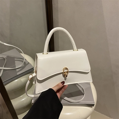 Women PU Leather Shoulder Crossbody Bag Retro Minimalist Structured Trapezoid With Top Handle And Twist Lock Gold Hardware
